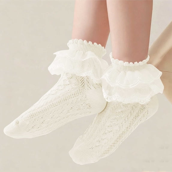 YgkuHd Girls Lace Ruffle Socks, Toddler Kids Frilly Ankle Socks for 1-12 Years, Cotton Princess Dress Socks,Beige_L
