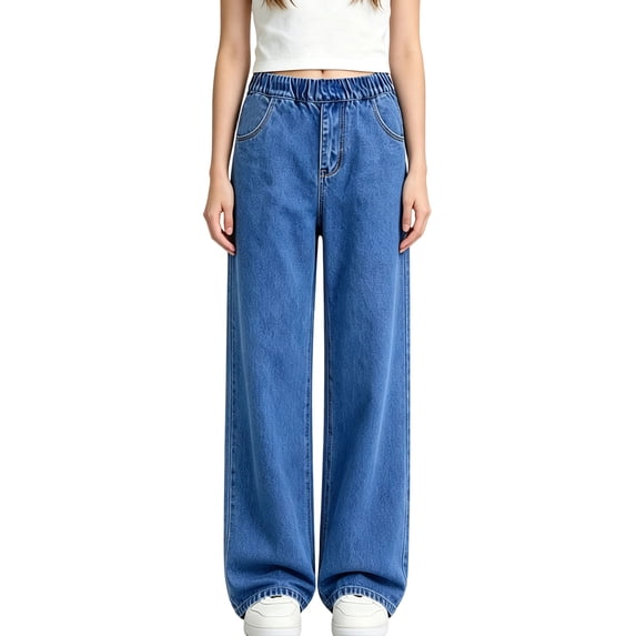 YgkuHd Girls Solid Color Elastic Waist Straight Leg Jeans Loose Casual Trousers School Outdoor Versatile Denim Pants Suitable for Kids 2 to 14 Years