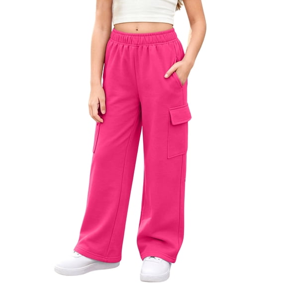 YgkuHd Girls Solid Multi Pocket Cargo Sweatpants Elastic Waist Relaxed Pants for Daily Active Wear Hot Pink 170