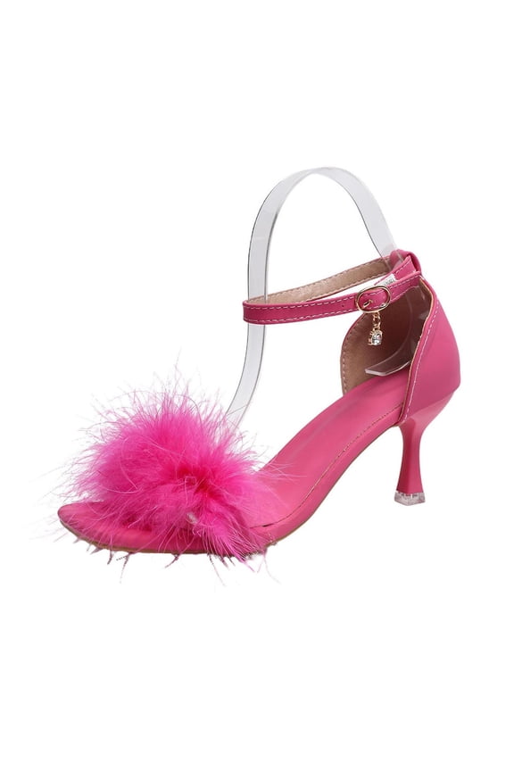 High Heel Sandals for Women Fluffy One-Strap Slides with Buckle Closure and Slim Heel, Plus Size Summer Dress Shoes for Party,Hot Pink_36