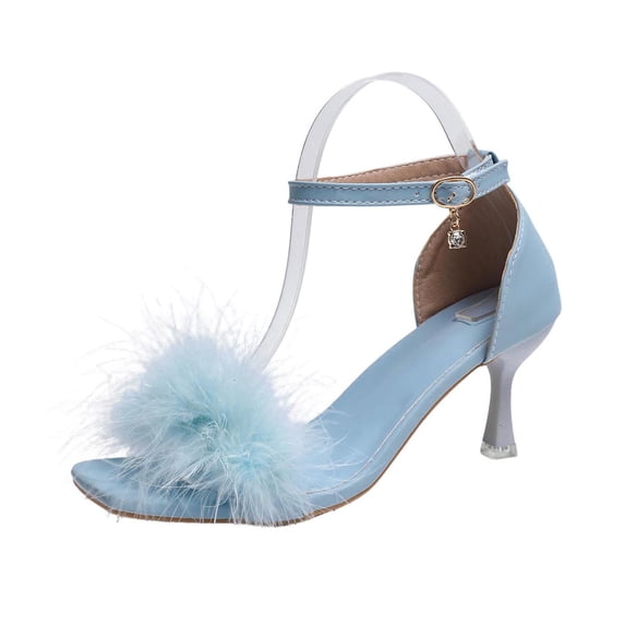 YgkuHd High Heel Sandals for Women Fluffy One-Strap Slides with Buckle Closure and Slim Heel, Plus Size Summer Dress Shoes for Party,Sky Blue_42