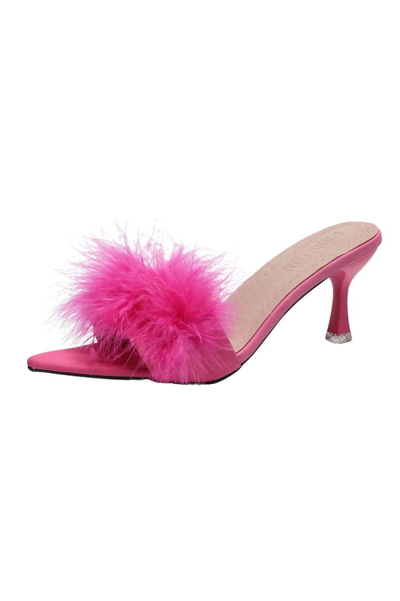 High Heel Slippers for Women Fluffy Open-Toe Slides with Slim Heel, Plus Size Evening Party Footwear,Hot Pink_36
