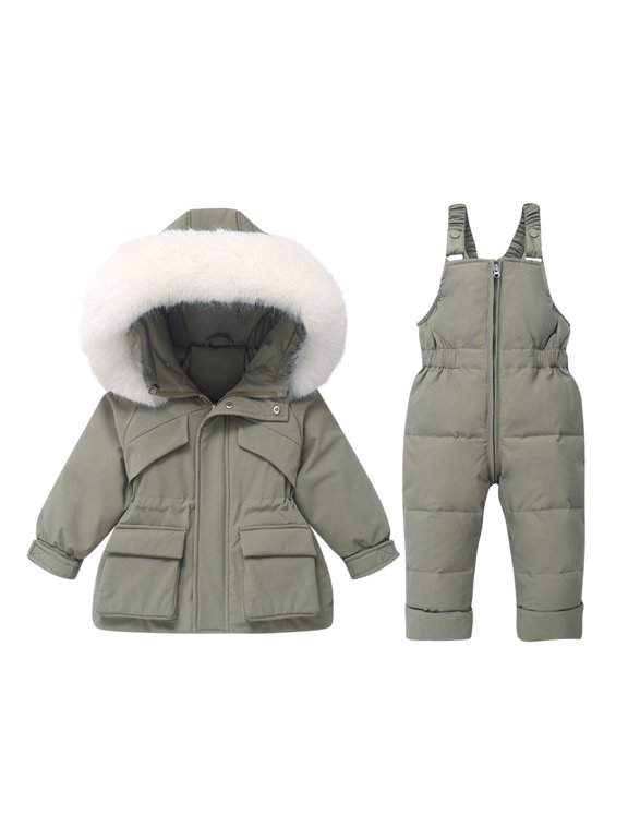 Kids 2-piece snowsuit set Fur Hood Padded Jacket and Elastic Bib Pants for Boys Girls Ski Suit Set Winter Outdoor Snowboarding Hiking School Daily Wear 1-6 Years