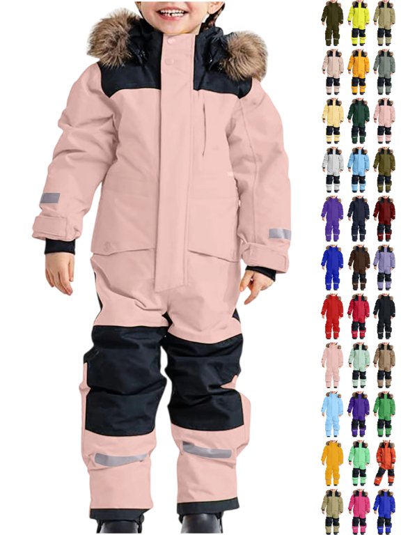 Kids One Piece Ski Suit Waterproof Windproof Thickened Warm Padded Snowsuit with Hood and Reflective Strips for Winter Outdoor Sports Skiing Snowboarding Hiking School Daily Wear