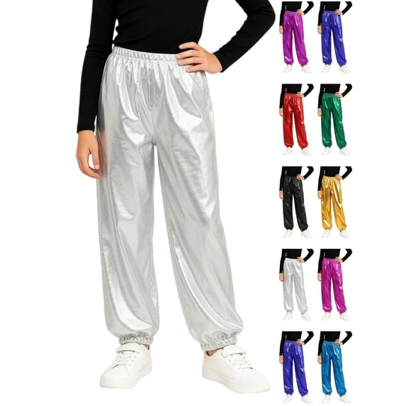 YgkuHd Kids Shiny Metallic Cargo Pants Elastic Waist Tapered Jogger Pants with Pockets for Boys Girls Stage Dance Performance Party Halloween Streetwear Casual Trousers 3-16 Years Old
