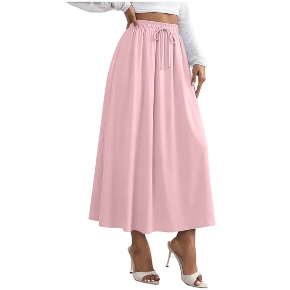 YgkuHd Maxi Skirts for Women Casual Summer Solid Color Loose High Waist A-line Half Body Elastic Waist Drawstring Skirt Long Skirts for womens clothes Summer,Pink_S