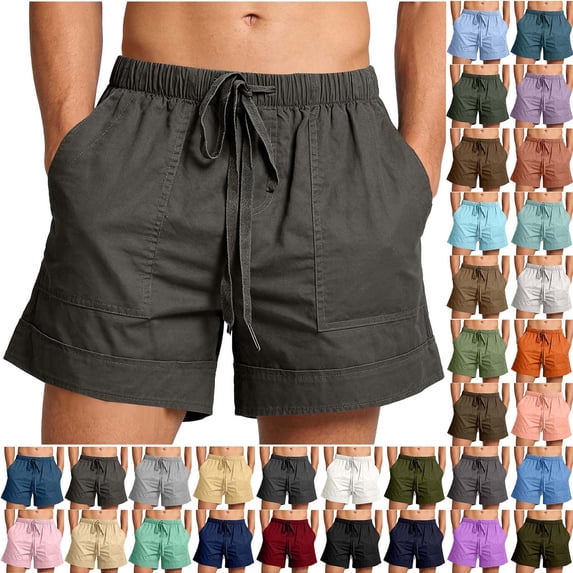 YgkuHd Men's Cotton Linen Shorts Summer Casual Drawstring Elastic Waist Multi-Pocket Solid Color Beach Vacation Shorts,01-Black_S