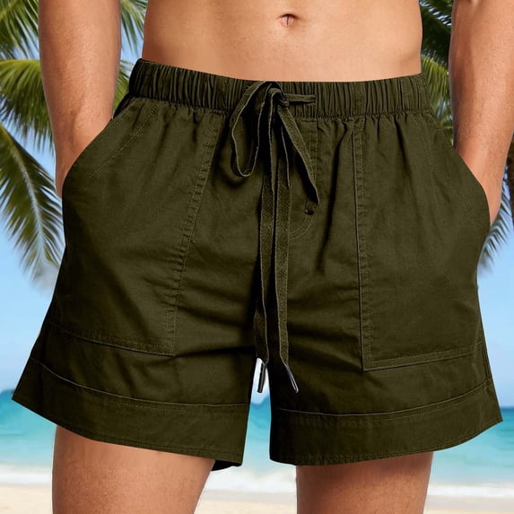 YgkuHd Men's Cotton Linen Shorts Summer Casual Drawstring Elastic Waist Multi-Pocket Solid Color Beach Vacation Shorts,03-Army Green_L