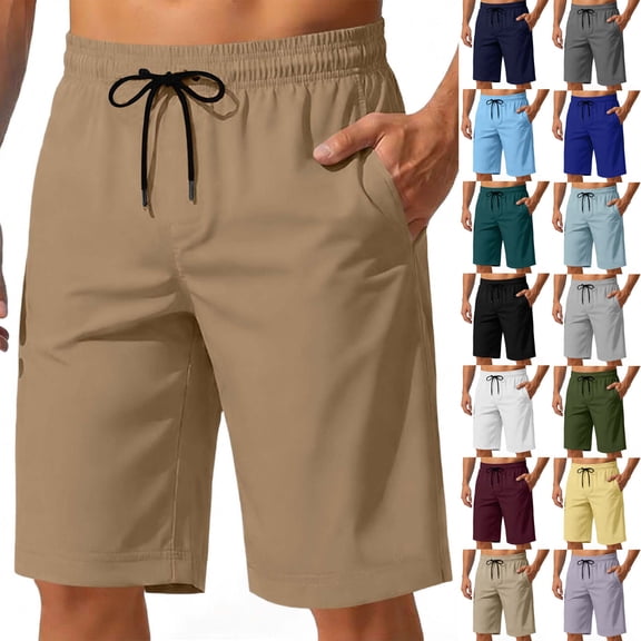 YgkuHd Men's Elastic Waist Shorts Men's Summer Casual Solid Color Elastic Waist Drawstring Sports Lightweight Breathable Pocket Shorts Men's Relaxed Fit Cargo Shorts,Beige_S