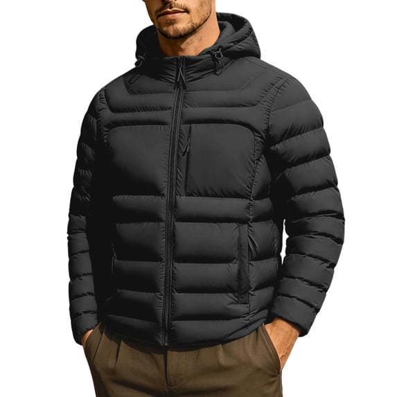 YgkuHd Men's Solid Color Hooded Drawstring Windproof Puffer Jacket Outdoor Zip Up Multi Pocket Casual Coat