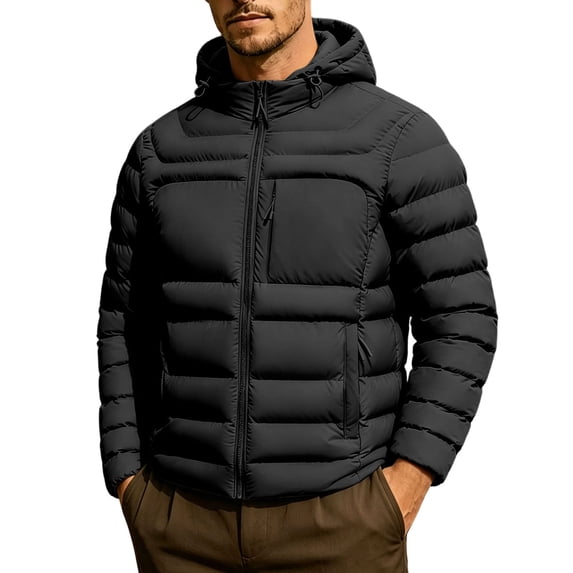 YgkuHd Men's Solid Color Hooded Drawstring Windproof Puffer Jacket Outdoor Zip Up Multi Pocket Casual Coat