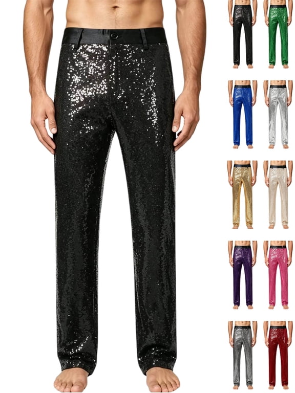 Men's Wide Leg Sparkle Sequin Pants High Waisted Bling Glitter Dance Pants For Party Stage Costume Show