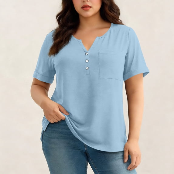 YgkuHd Plus Size Women's V-Neck Henley T-Shirt with Pocket, Solid Color Short Sleeve Casual Blouse (XL-5XL)