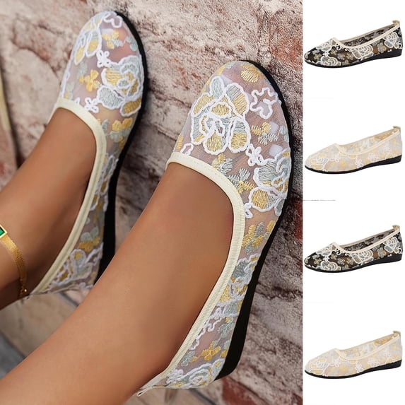 YgkuHd Slip-On Flats for Women Embroidered Closed Toe Round Toe Shoes with Breathable Mesh Upper, Comfortable Plus Size Spring Summer Casual Footwear,Beige_37