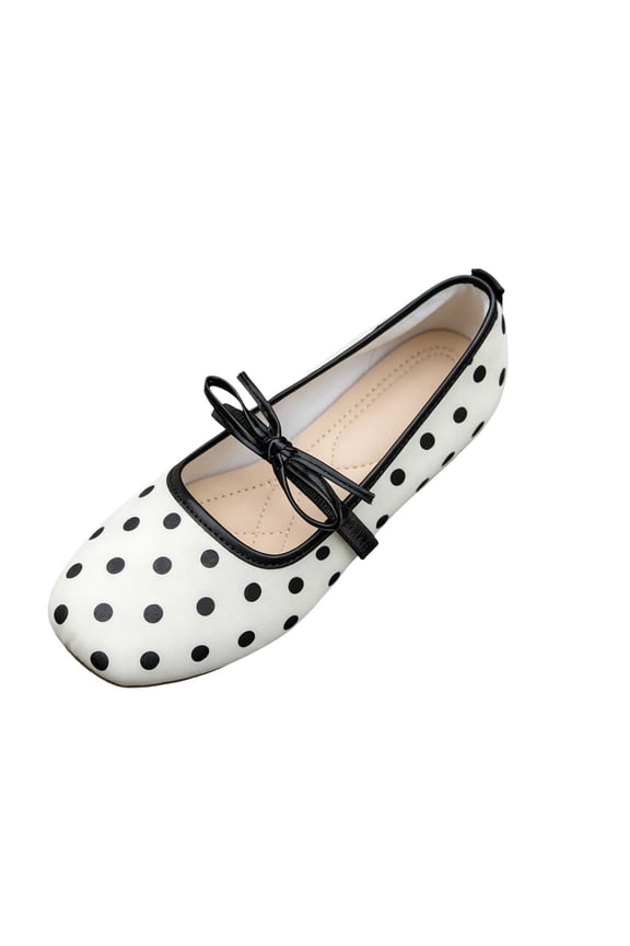 Slip-On Loafers for Women Retro Polka Dot Bowknot Square Toe Satin Shoes with Breathable Cotton Blend Upper, Trendy Plus Size Casual Footwear,White_36