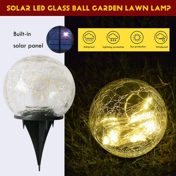 YgkuHd Solar LED Glass Ball Garden Lamp Crackle LED Light Garden Decor Clearance