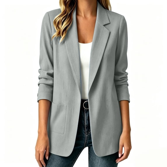 YgkuHd Spring Blazers for Women Lapel Button Down with Pockets Long Sleeve Cotton Linen Suit Jacket Relaxed Summer Casual Outfits,Gray_L