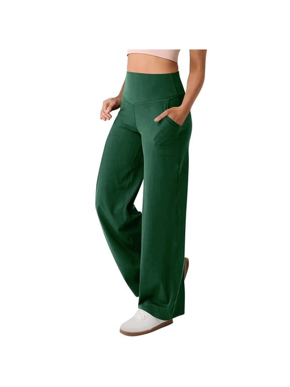 Straight Leg Leggings for Women with Pockets High Waist Tummy Control Yoga Pants Casual Gym,Army Green_M