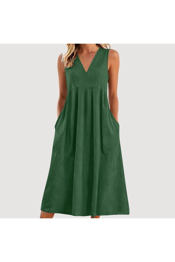 Summer Dresses for Womens Fashion Casual V-Neck Pockets Dress, Solid Color Sleeveless Comfortable Shift Dress for All Season Daily Wear Sundress Plus Size