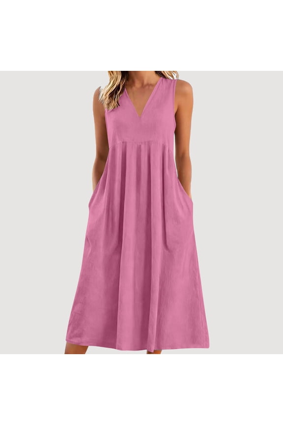 Summer Dresses for Womens Fashion Casual V-Neck Pockets Dress, Solid Color Sleeveless Comfortable Shift Dress for All Season Daily Wear Sundress Plus Size