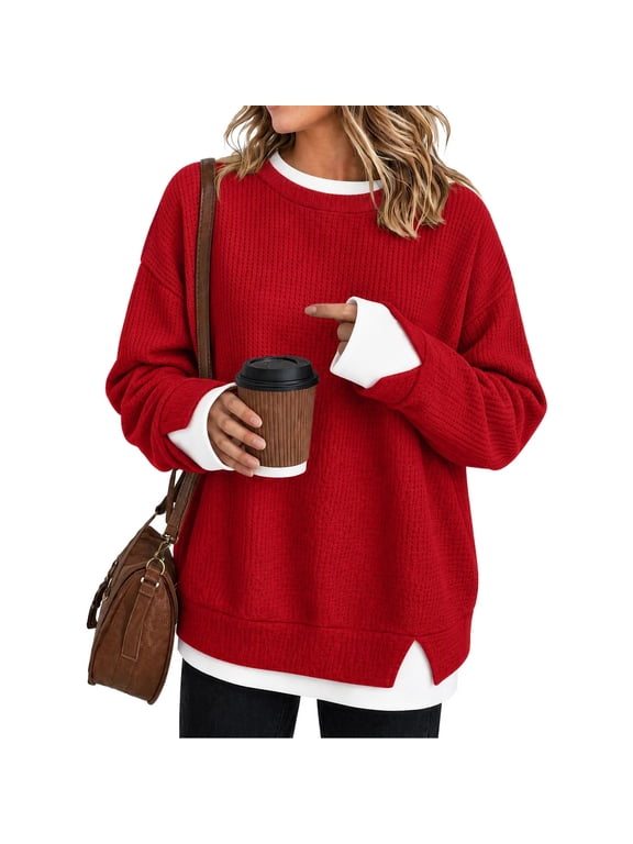 Sweatshirts for Women Faux Two Piece Waffle Knit Pullover Crewneck Loose Fit Long Sleeve Top for Fall Winter Daily Commute Weekend Outings Travel and Casual Wear_Red M