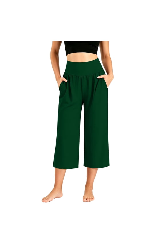 Wide Leg Capri Pants for Women with Pockets High Waist Loose Casual Yoga Trousers Gym,Army ,Green_3XL
