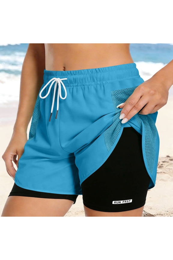 Women's 2-in-1 Running Shorts with Anti-Chafing Liner Quick Dry Drawstring Elastic Waist Loose Fit Athletic Yoga Workout Shorts (XS-XXL),Navy_XL