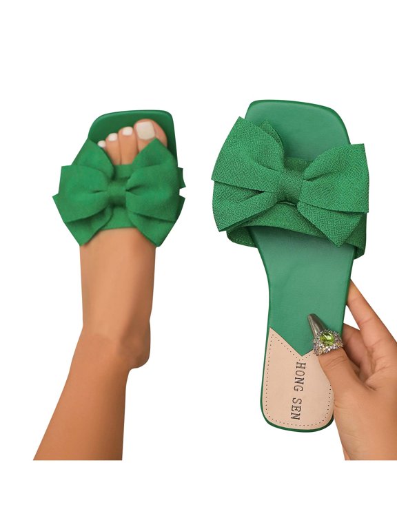 Women's Bow Knot Slide Sandals, Casual Open Toe Flat Slip-On Slippers, Summer Fashion Square Toe Sandals