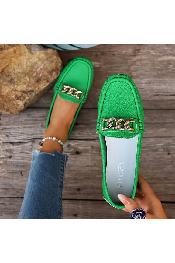 Women's British Style Loafers Metal Chain Rhinestone Embellished Round Toe Flat Sole Casual Shoes for Work Date,Green_9