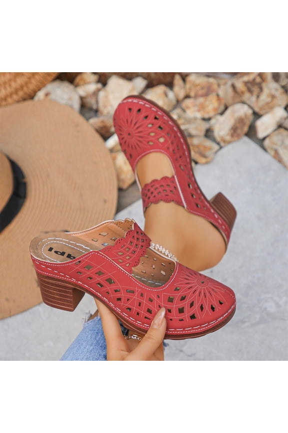 Women's Casual Block Heel Clogs Closed Toe Perforated Cutout Upper Mule Style Wood-Look Heel Padded Insole Red,6