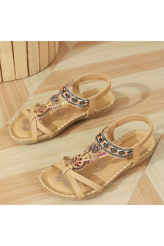 Women's Casual Bohemian Flat Sandals Woven Straps Rhinestone Beads Metal Feather Pendant Crisscross Design Yellow,8.5