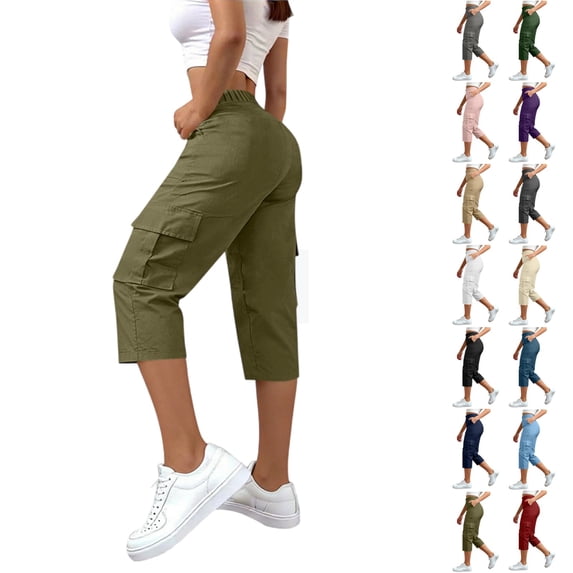 YgkuHd Women's Casual Cargo Capri Pants 7/8 Length - High Waisted Elastic Waistband Hiking Trousers with Pockets for Outdoor Hiking, Plus Size Available,Army Green_3XL