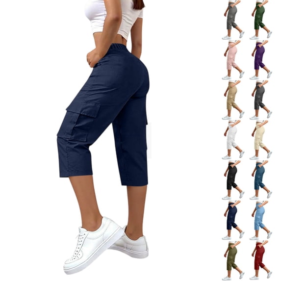 YgkuHd Women's Casual Cargo Capri Pants 7/8 Length - High Waisted Elastic Waistband Hiking Trousers with Pockets for Outdoor Hiking, Plus Size Available,Navy_S