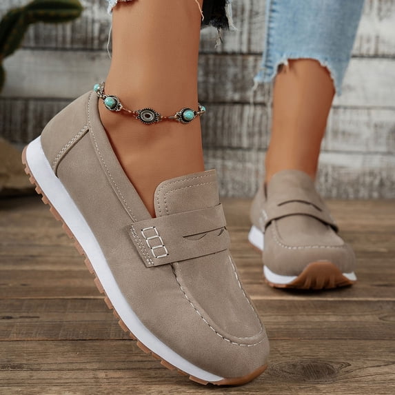 YgkuHd Women's Casual Flat Loafers Slip-On Style Wide Strap Detail on Upper Rounded Toe Box Soft Matte Material Khaki,7