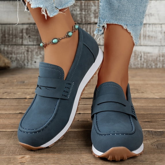 YgkuHd Women's Casual Flat Loafers Slip-On Style Wide Strap Detail on Upper Rounded Toe Box Soft Matte Material Navy,8.5