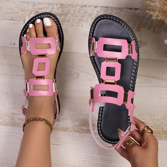 YgkuHd Women's Casual Flat Sandals Bright Red Upper Cutout Geometric Patterns Gold-Tone Accents Adjustable Ankle Strap Pink,8.5