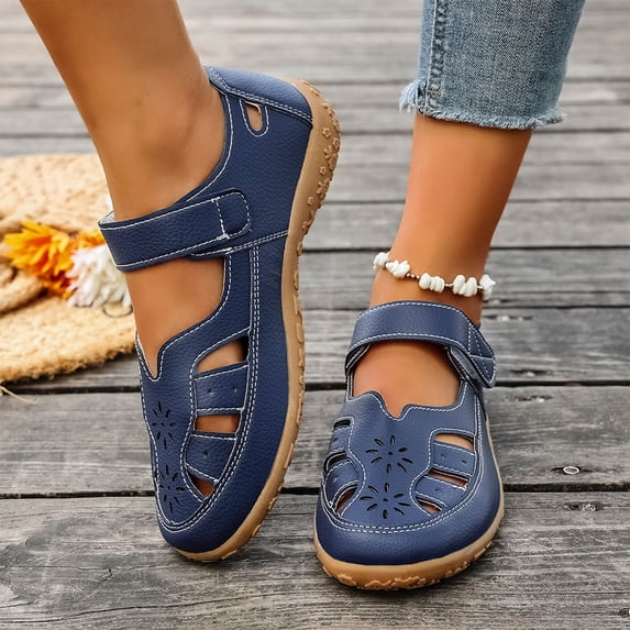 YgkuHd Women's Casual Flat Sandals Closed Toe Openwork Details Perforated Upper Soft Leather Hook-and-Loop Strap Navy,9