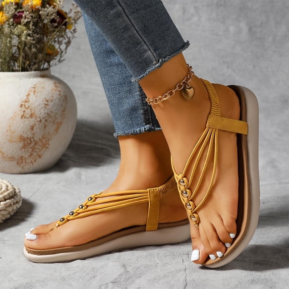 YgkuHd Women's Casual Flat Sandals Multi-Strap Toe-Post Design Cushioned Contoured Platform Sole Adjustable Ankle Yellow,6.5