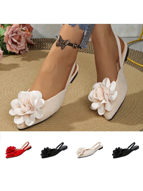 Women's Casual Flat Sandals Pointed Toe Closed Toe Large Textured Fabric Flower on Toe Cap Adjustable Slingback Beige,6