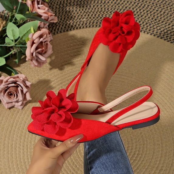 YgkuHd Women's Casual Flat Sandals Pointed Toe Closed Toe Large Textured Fabric Flower on Toe Cap Adjustable Slingback Red,6.5