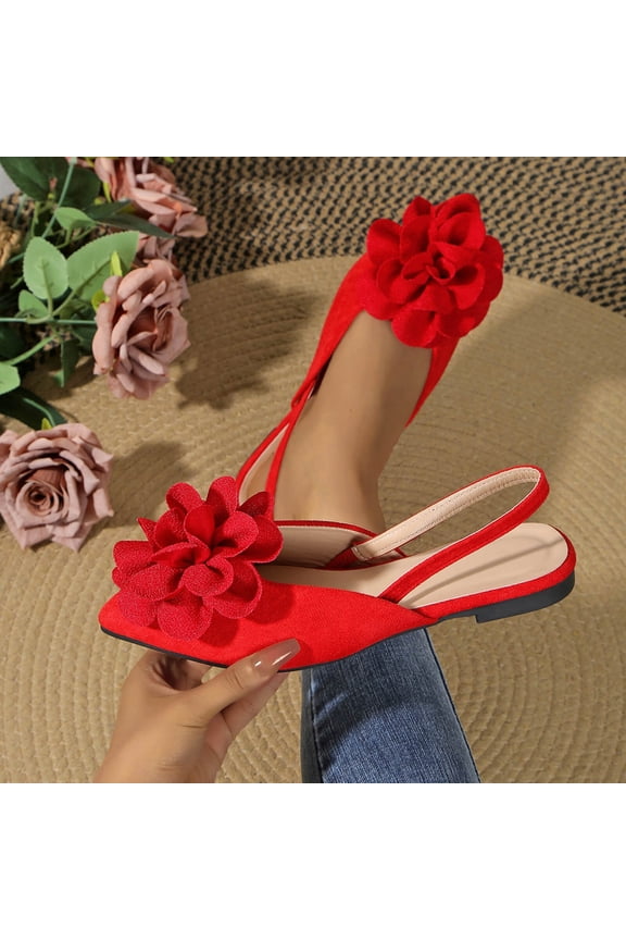 Women's Casual Flat Sandals Pointed Toe Closed Toe Large Textured Fabric Flower on Toe Cap Adjustable Slingback Red,9