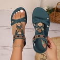 thumbnail image 1 of YgkuHd Women's Casual Flat Sandals Roman Style Gold-Tone Floral Geometric Accents Teal Straps Toe Loop Design Green,8.5, 1 of 8