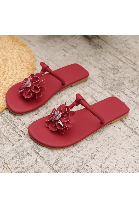 Women's Casual Flat Sandals Thong Style Handcrafted Fabric Flower T-Strap Design Flat Flexible Sole Red,9