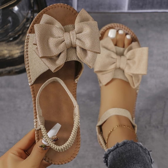 YgkuHd Women's Casual Flat Sandals Thong Style Oversized Soft Bow Toe Strap Espadrille-Inspired Sole Comfort Khaki,5.5