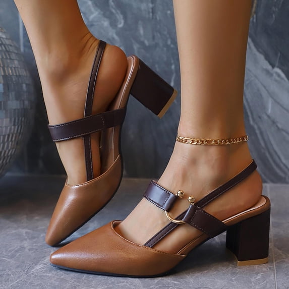 YgkuHd Women's Casual High Heel Sandals Pointed Toe Double Strap Design Contrasting Color Block Chunky Heel Brown,7