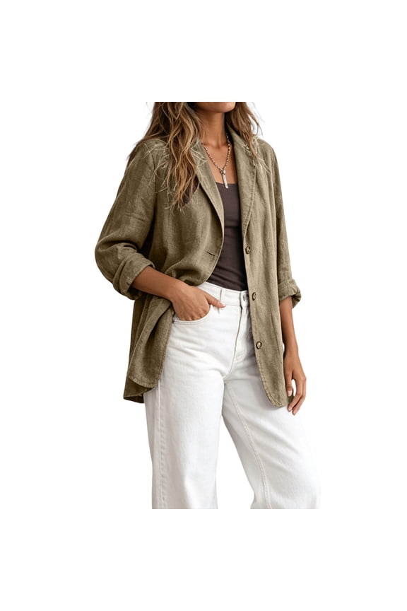 Women's Casual Lightweight V Neck Hemp Blend Blazer Cardigan, Button Front Jacket for Smart Casual Office Wear,Khaki_2XL