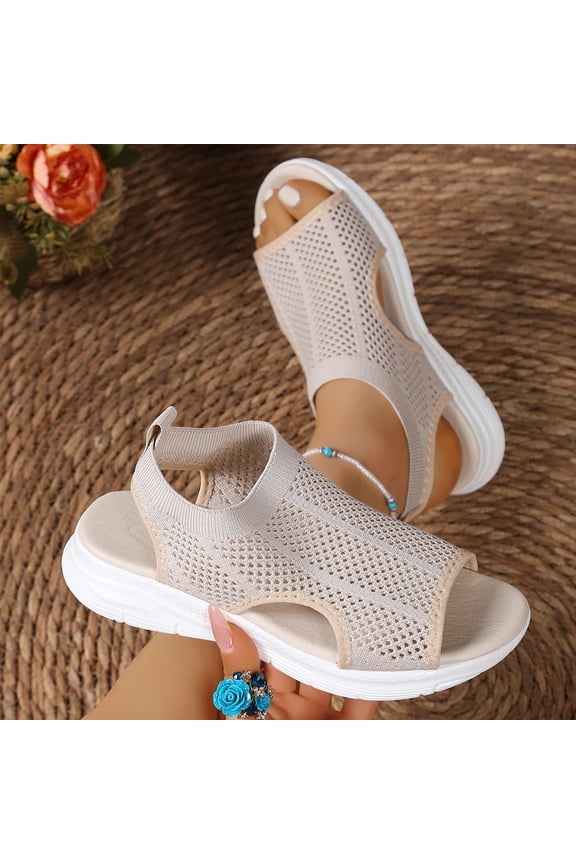 Women's Casual Platform Sandals Knitted Mesh Hollow Out Upper Peep Toe Slingback Stretch Knit EVA Thick Sole Beige,9.5