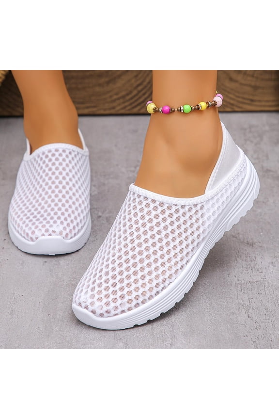 Women's Casual Platform Shoes Breathable Perforated Mesh Upper Laceless Slip-On Style EVA Sole White,5.5