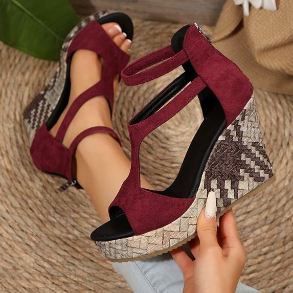 YgkuHd Women's Casual Wedge Sandals Cutout Strappy Design Elasticated Ankle Strap Padded Insole Woven Espadrille Wine,7.5