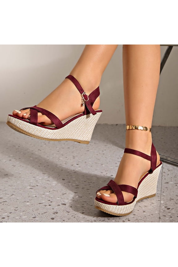Women's Casual Wedge Sandals Open Toe Suede-Like Crisscross Toe Straps Espadrille Wedge Heel Adjustable Wine,7